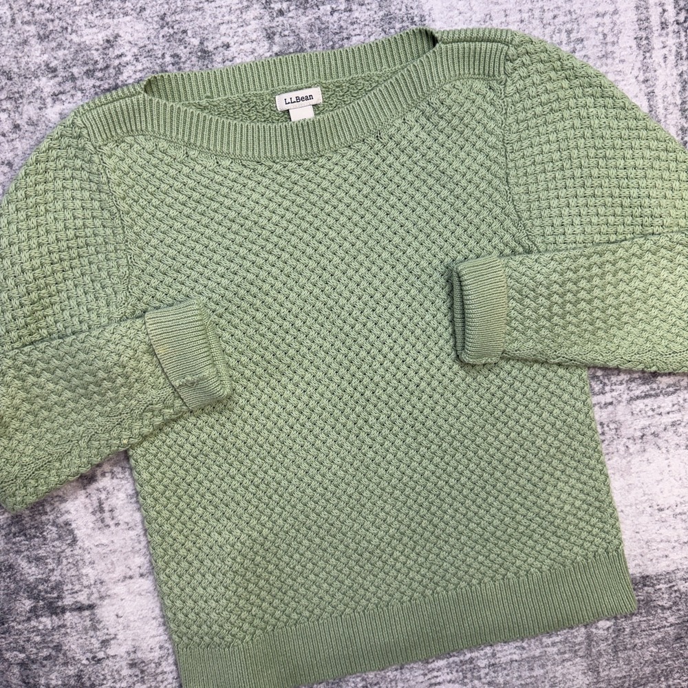 LL Bean Sweater Womens XS Petite Green Basket Weave Knit Boat Neck Cotton Jumper